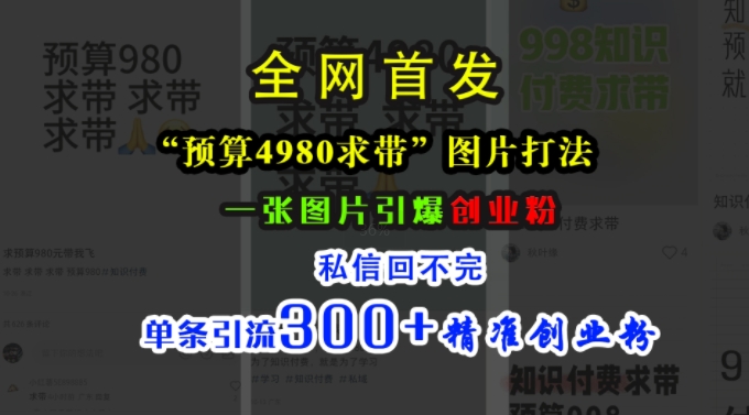 小红书“预算4980带我飞”图片打法，一张图片引爆创业粉，私信回不完，单条引流300+精准创业粉-百盛轻创