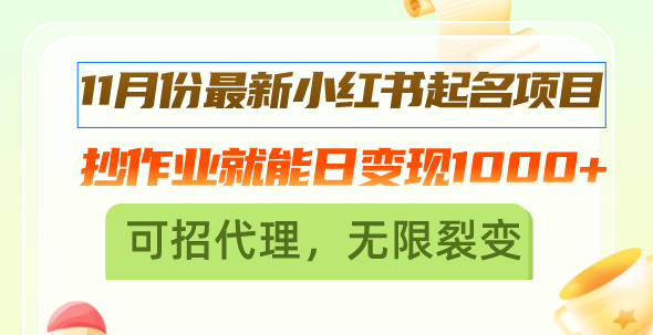 11月份最新小红书起名项目，抄作业就能日变现1000+，可招代理，无限裂变-小艾项目网