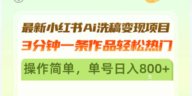 最新小红书Ai洗稿变现项目 3分钟一条作品轻松热门 操作简单，单号日入800+-小艾项目网