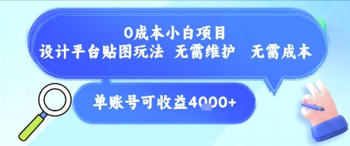 0成本小白项目，设计平台贴图玩法，无需维护，无需成本，单账号单月可产生收益4k+-百盛轻创