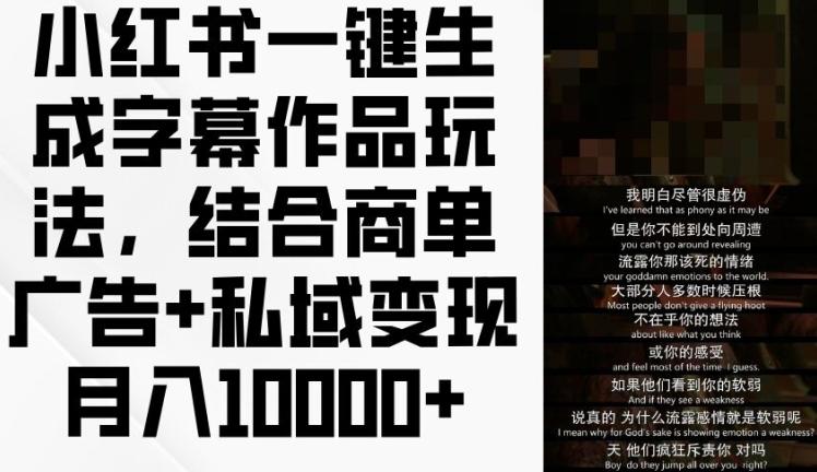 小红书一键生成字幕作品玩法，结合商单广告+私域变现月入1w+【揭秘】-小艾项目网