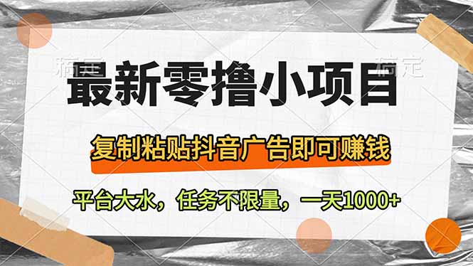 最新零撸小项目，复制粘贴抖音广告即可赚钱，平台大水，任务不限量，一…-小艾项目网