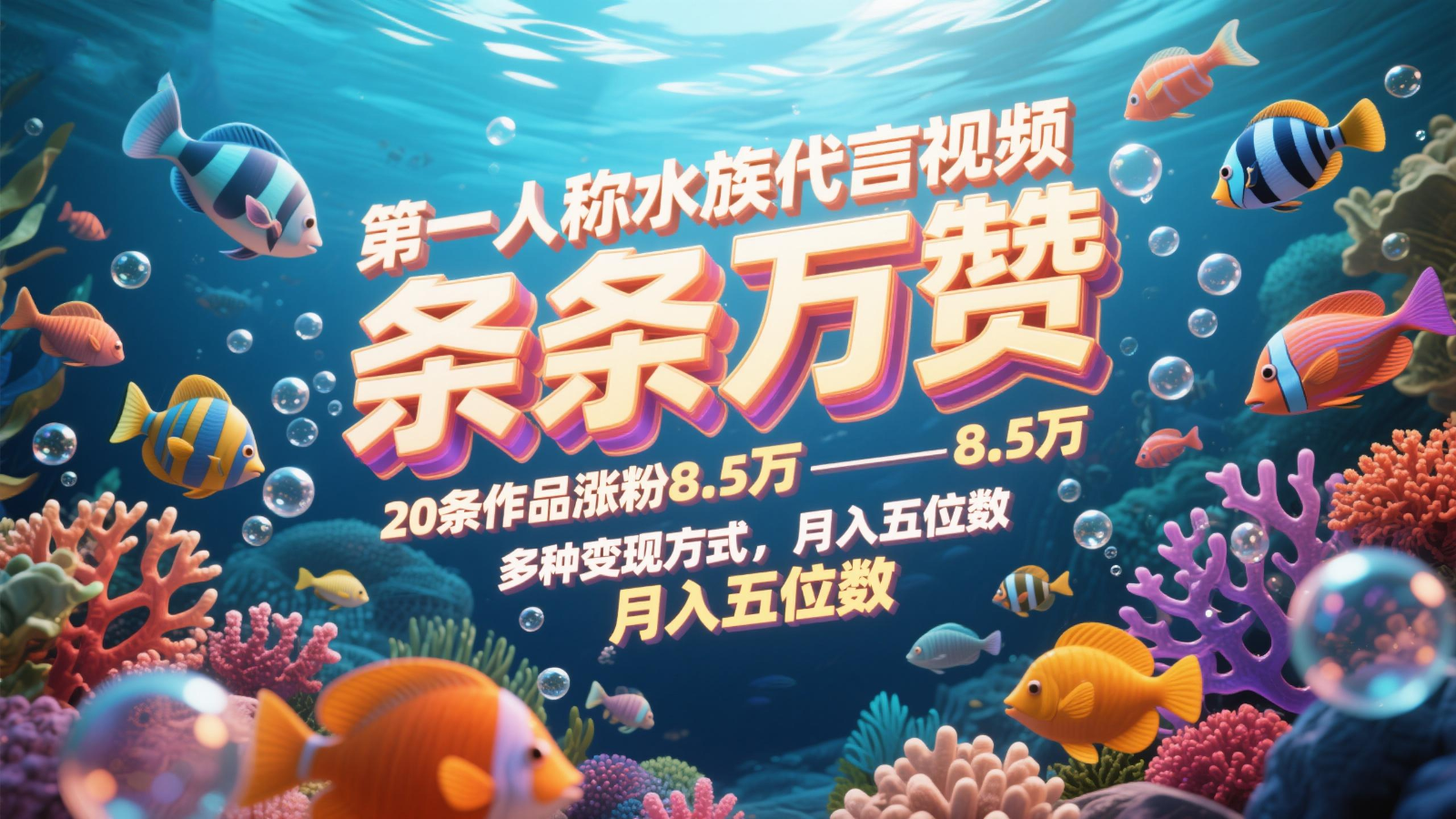 第一人称水族代言视频,条条万赞,20条作品涨粉8.5万,多种变现方式月,入五位数-小艾项目网