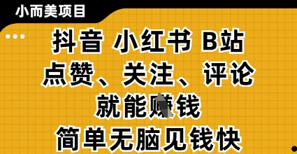 小而美的项目，抖音小红书B站视频点赞、关注、评论就能挣钱，简单无脑立见收益，妥妥的零撸项目【揭秘】-百盛轻创